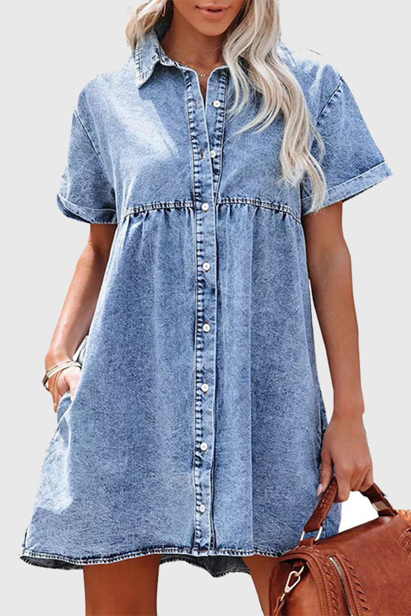 Short-Sleeve Denim Button-Up Dress