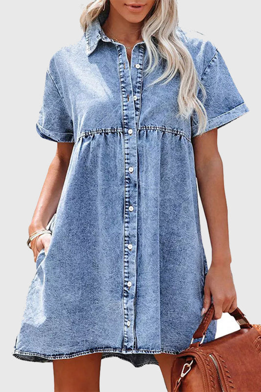 Short-Sleeve Denim Button-Up Dress