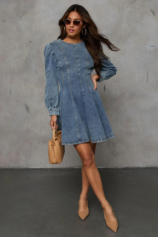 Fitted Denim Mini Dress with Puff Sleeves