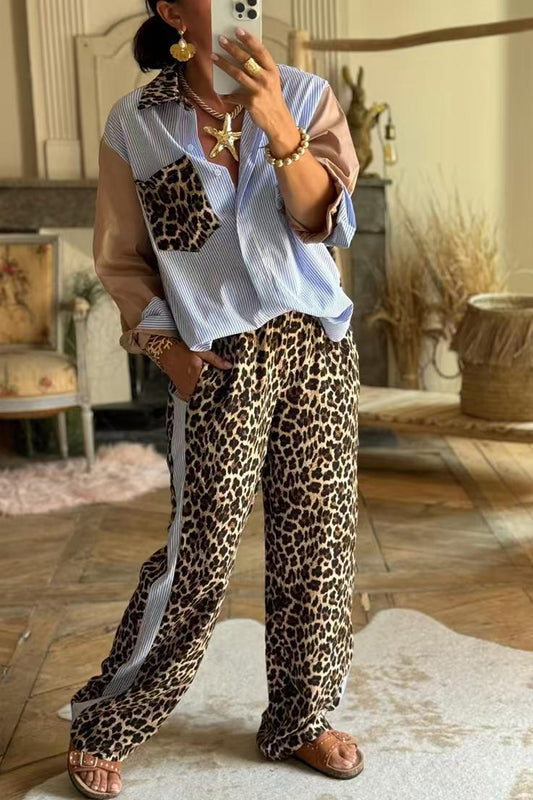 Leopard Patchwork Button-Up and Pants Set