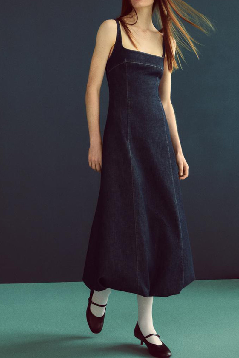 A-Line Denim Sleeveless Midi Dress