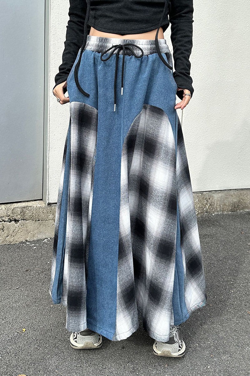 Plaid Denim Patchwork Skirt