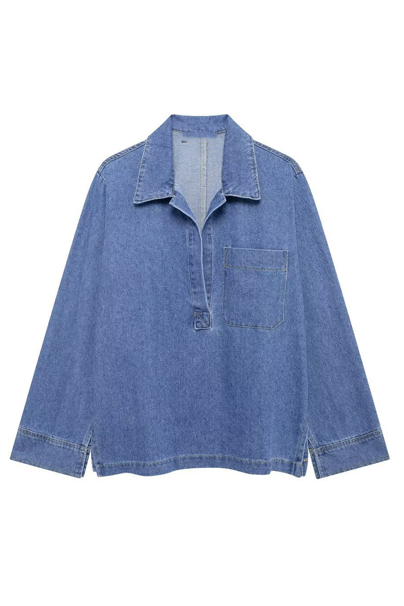 Relaxed Collar Denim Pullover Top