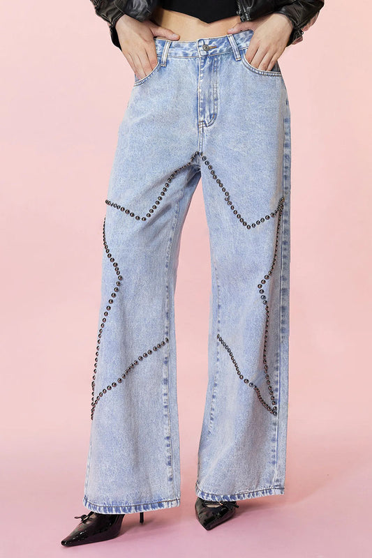 Embellished Wide-Leg Denim Pants