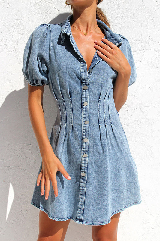 Button-Up Puff Sleeve Mini Dress