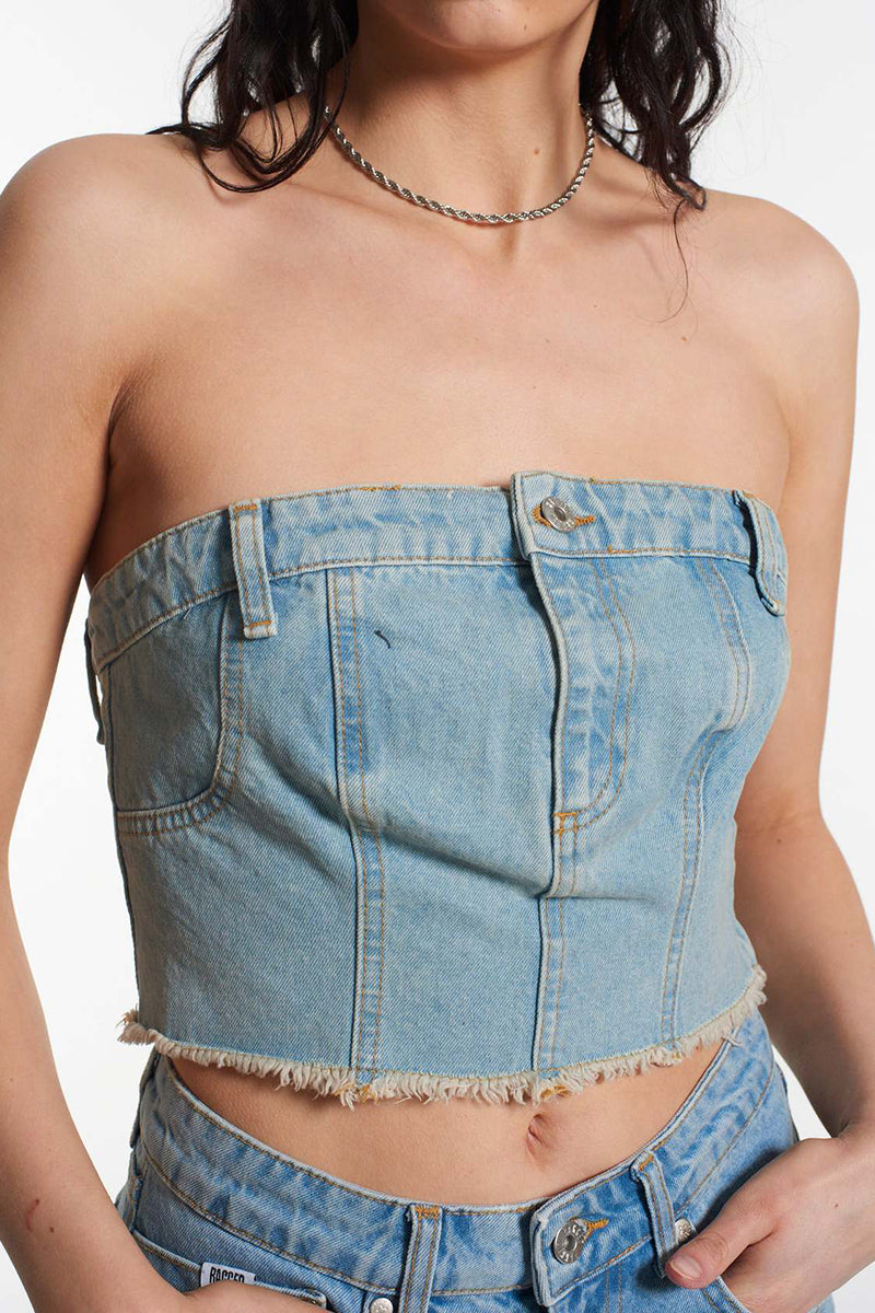 Frayed Hem Strapless Denim Top