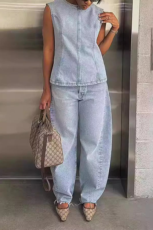 Sleeveless Denim Vest and Pants Set