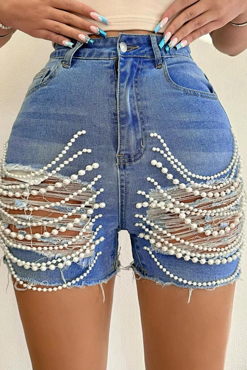 Pearl-Embellished Denim Shorts