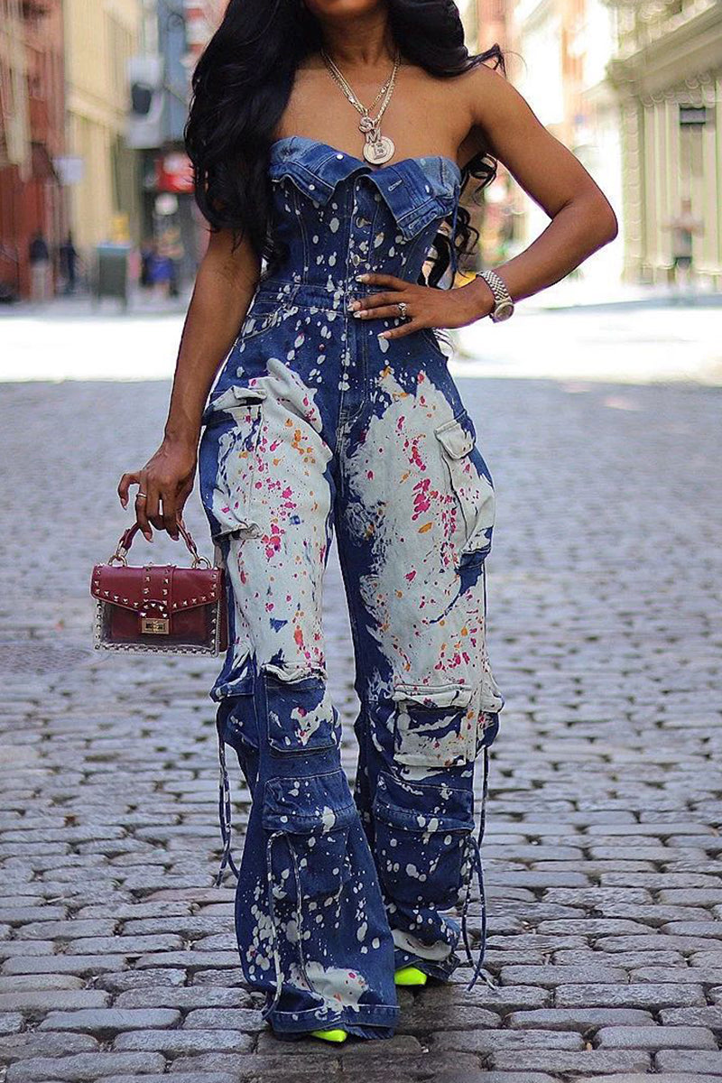 Splatter Painted Denim Jumpsuit