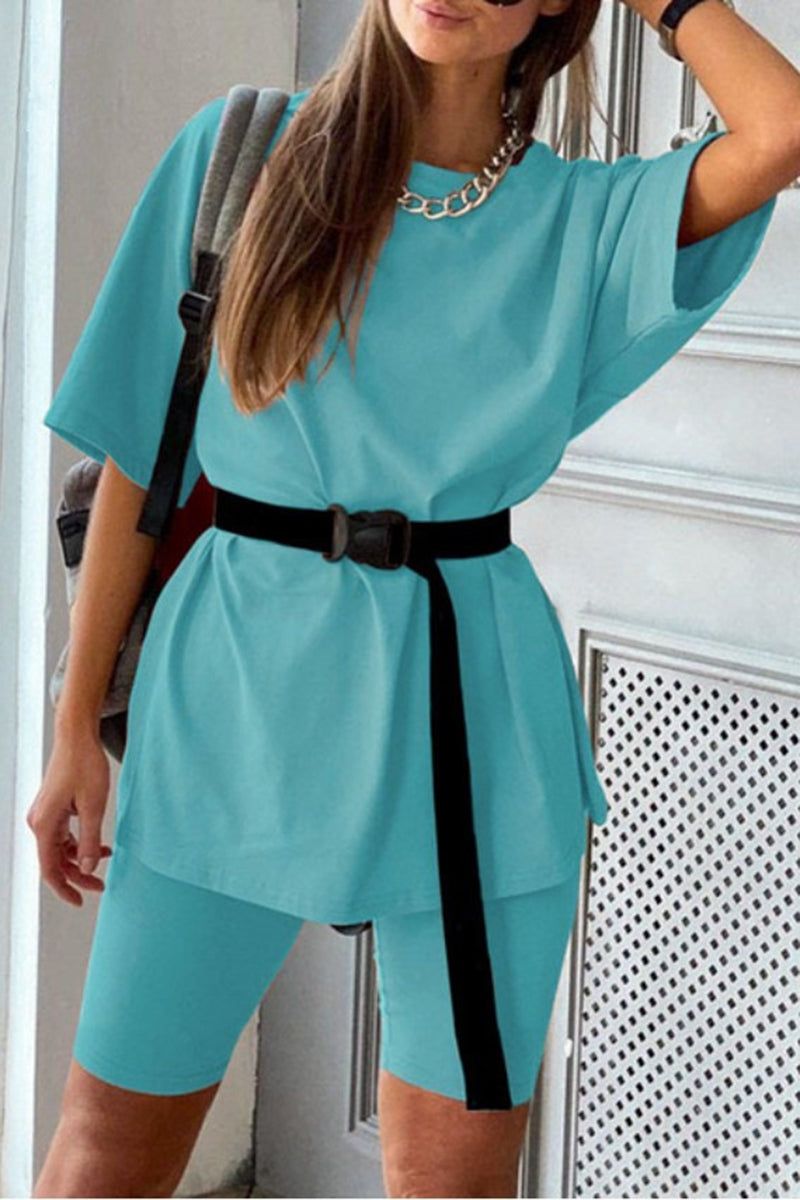 Short-Sleeve Top and Biker Shorts and Belt Set