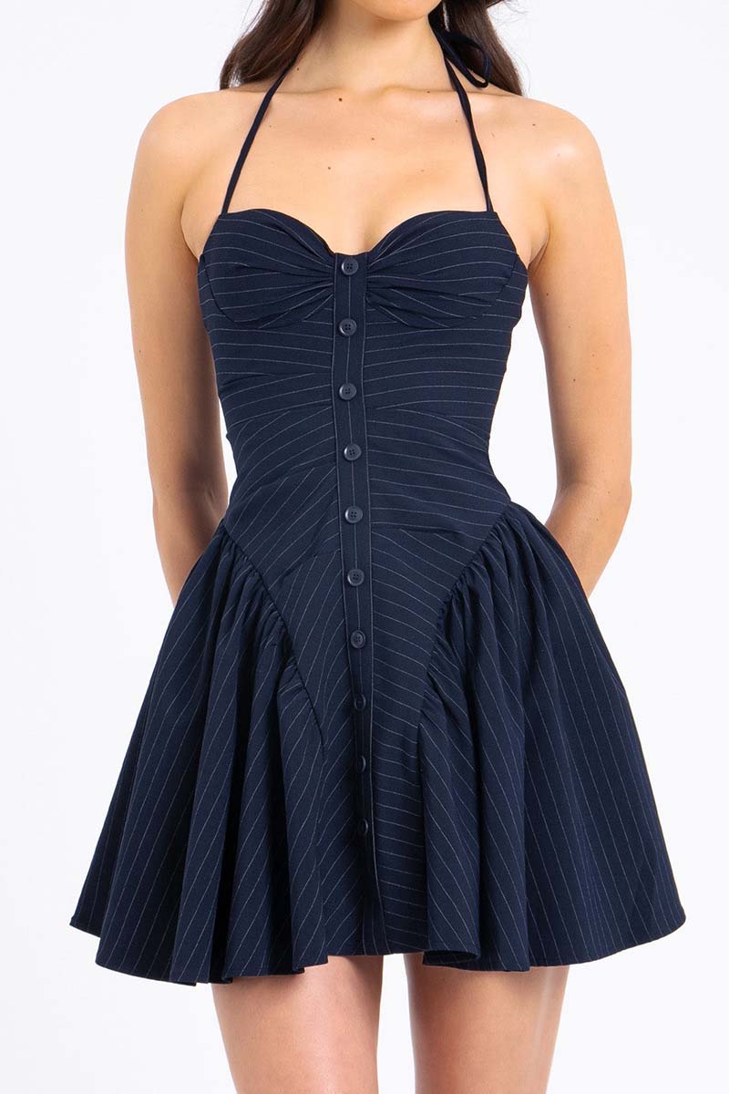 Halter-Neck Button-Up Pinstripe Mini Dress