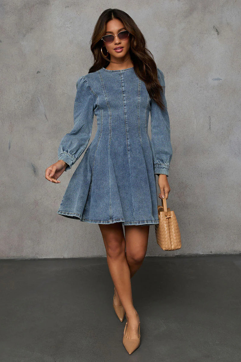 Fitted Denim Mini Dress with Puff Sleeves