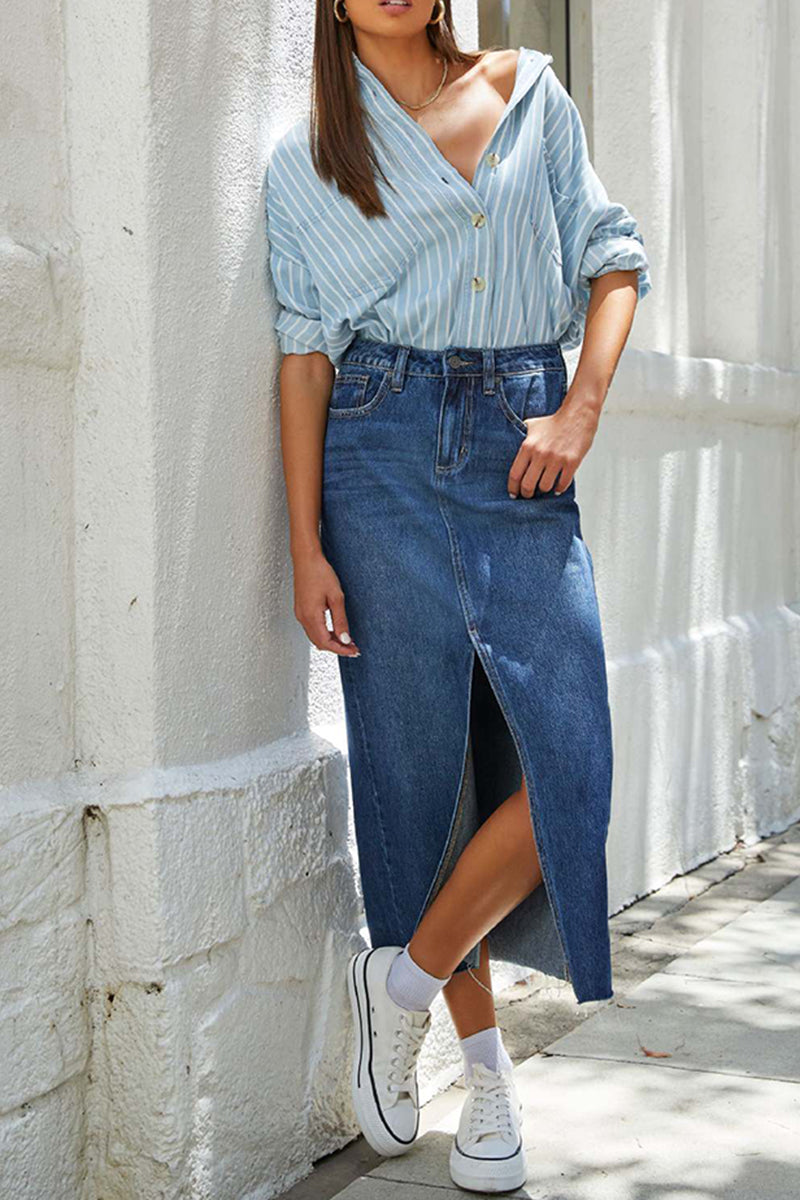 High-Rise Denim Midi Skirt