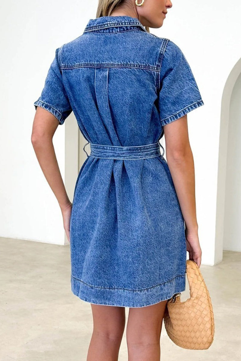 Short Sleeve Belted Denim Dress