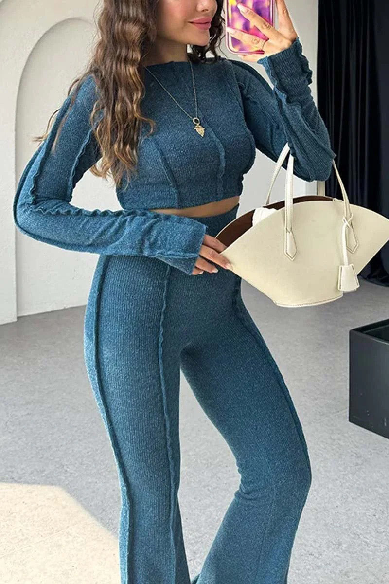 Ribbed Long Sleeve Top and High-Waist Pants Set