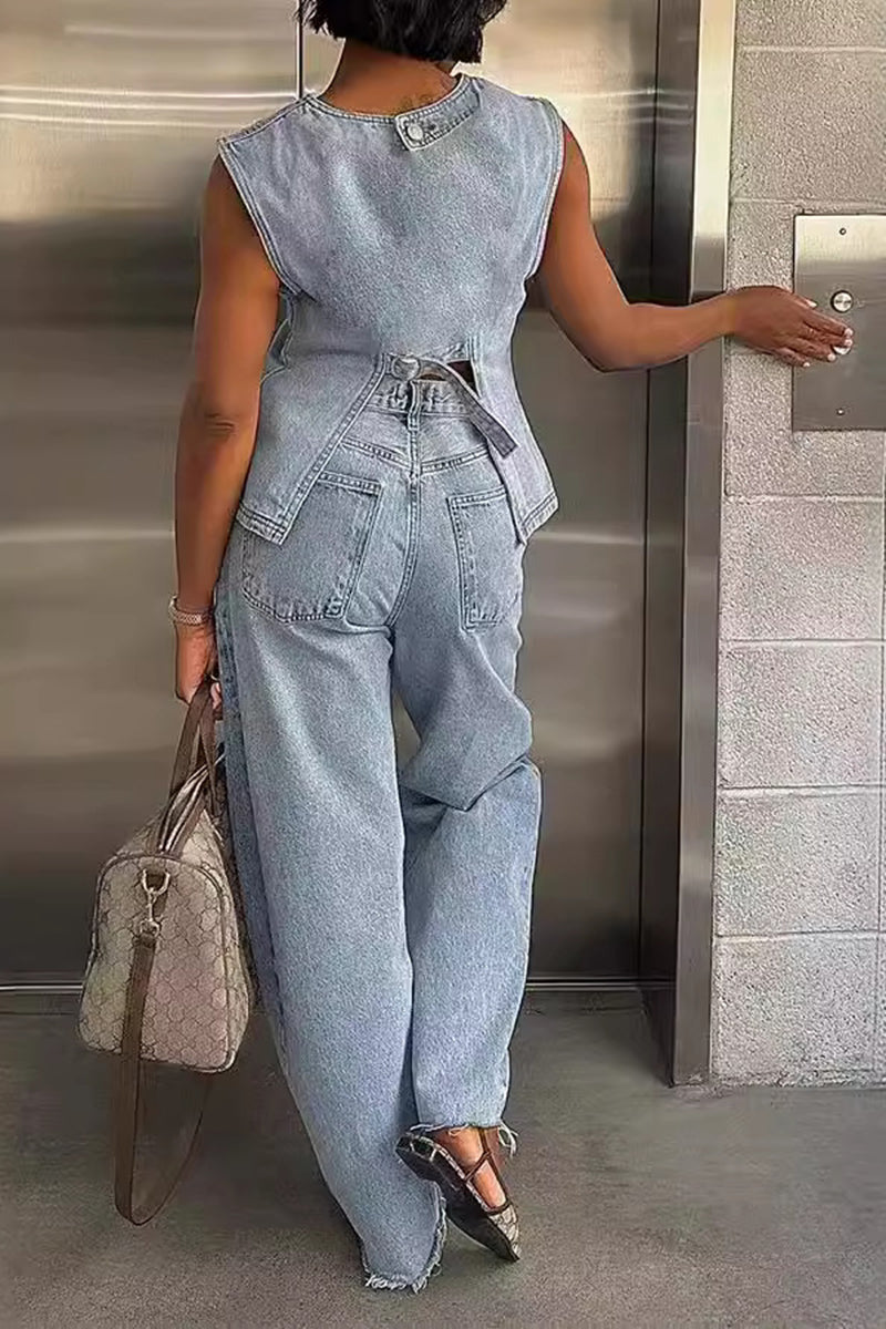 Sleeveless Denim Vest and Pants Set