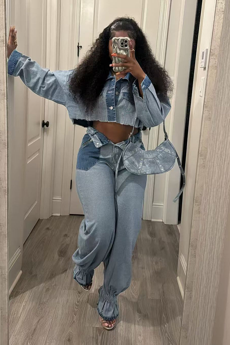 Two-Tone Denim Jacket and Pants Set