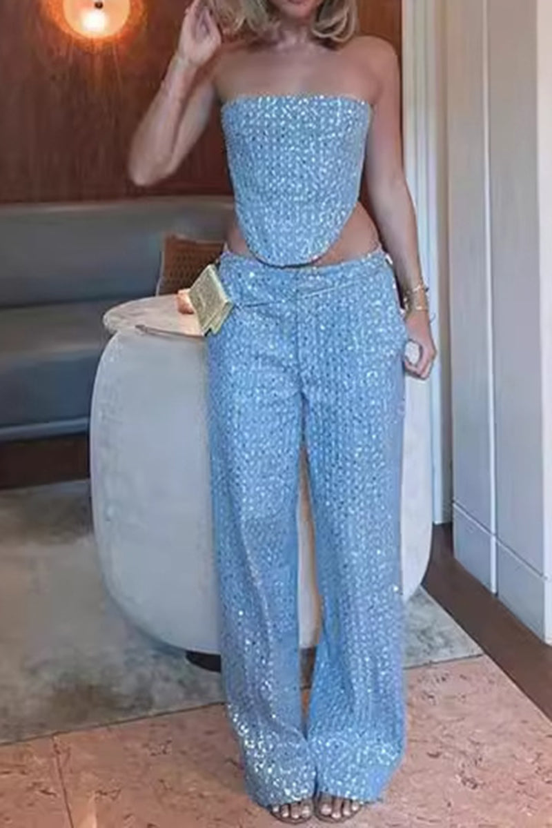 Strapless Sequin Top and Wide-Leg Pants Set