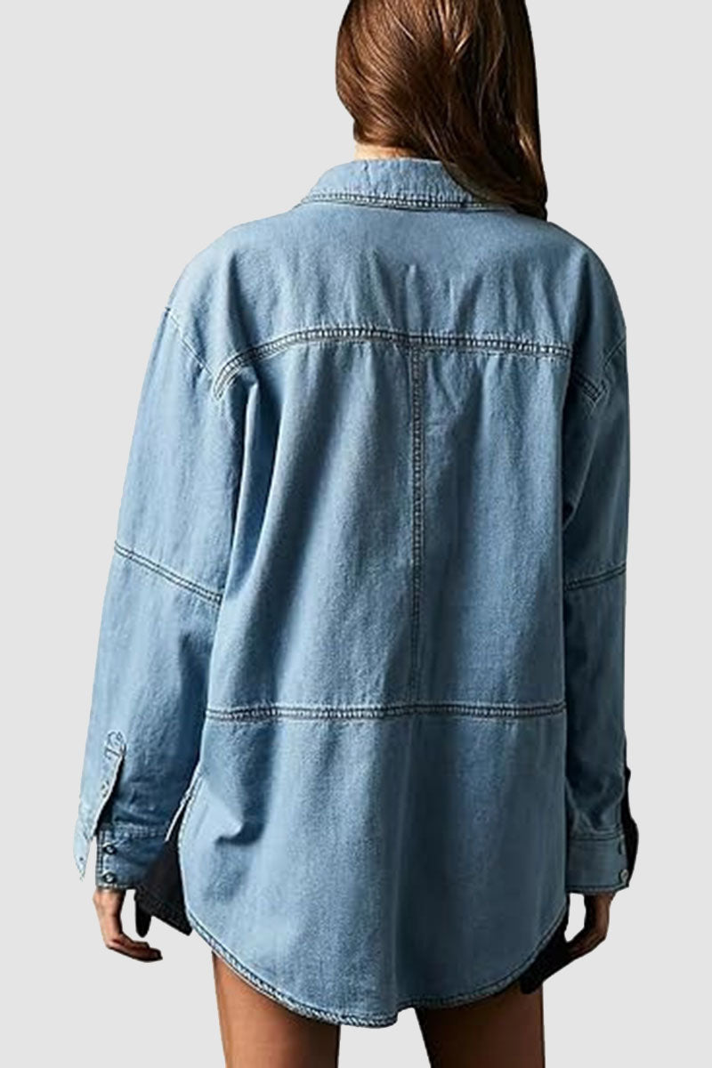 Oversized Denim Button-Up V-Neck Shirt