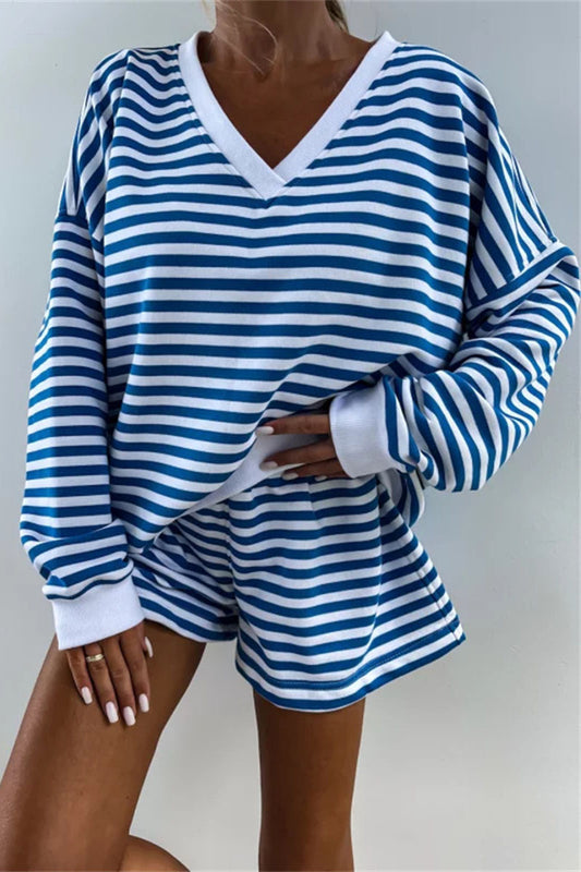 Striped V-Neck Pullover and Shorts Set