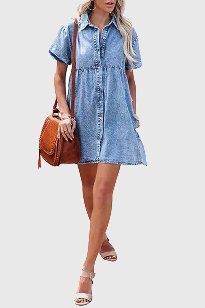 Short-Sleeve Denim Button-Up Dress