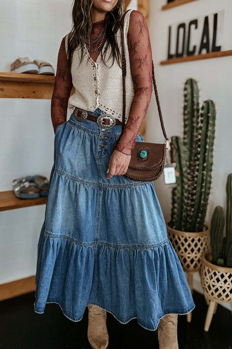 Buttoned Tiered Denim Maxi Skirt