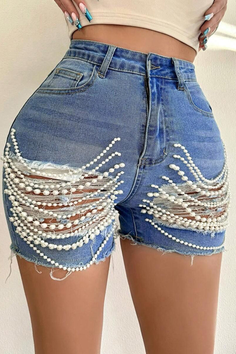 Pearl-Embellished Denim Shorts