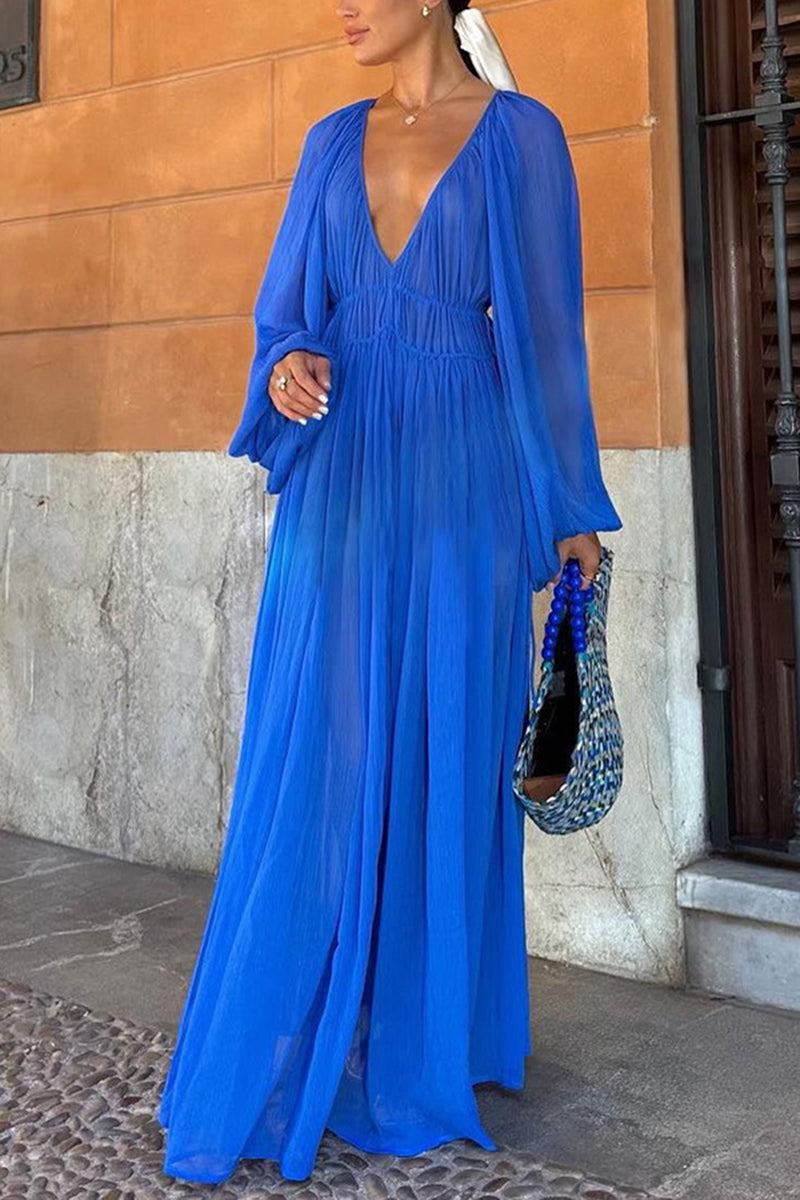 Plunge Neck Maxi Dress with Balloon Sleeves