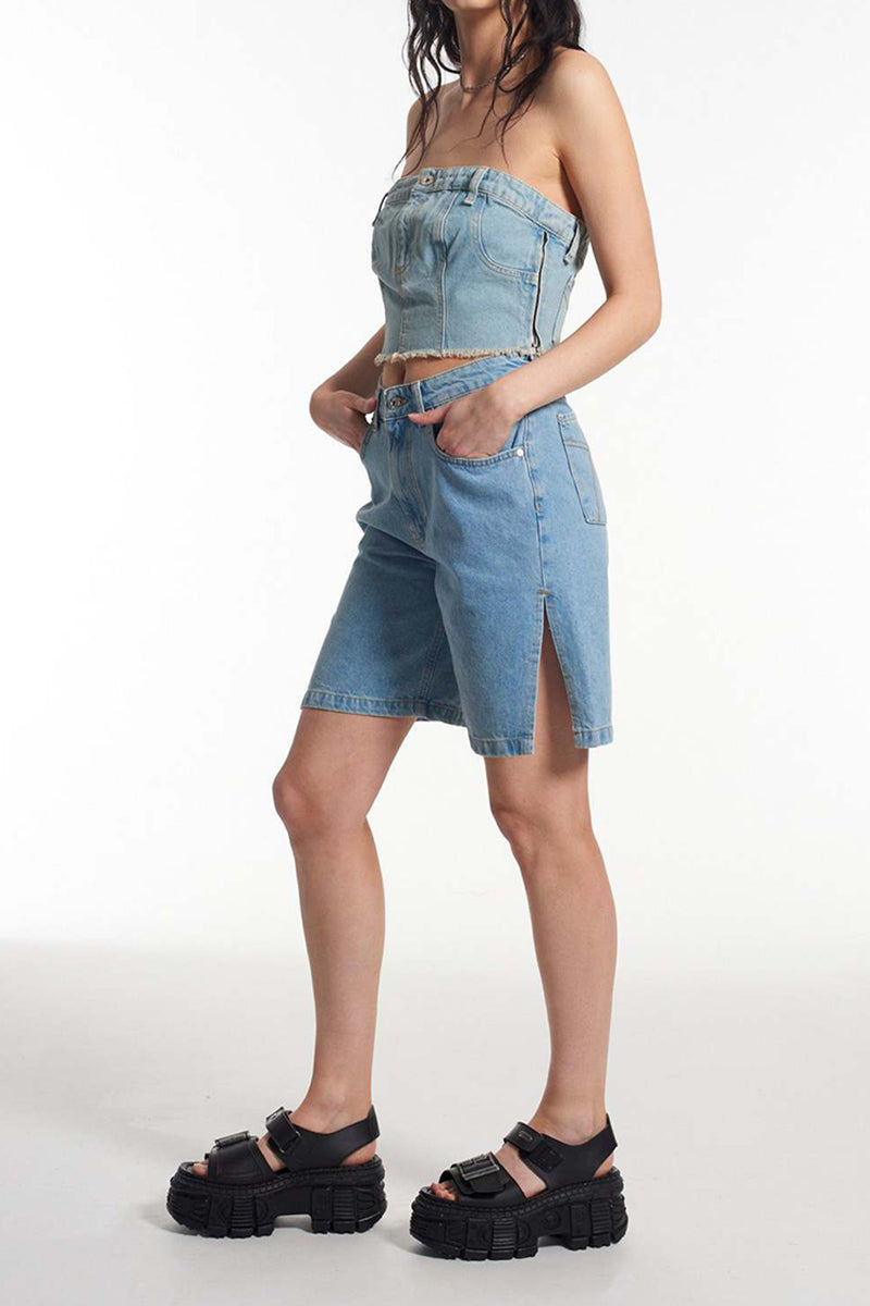 Frayed Hem Strapless Denim Top