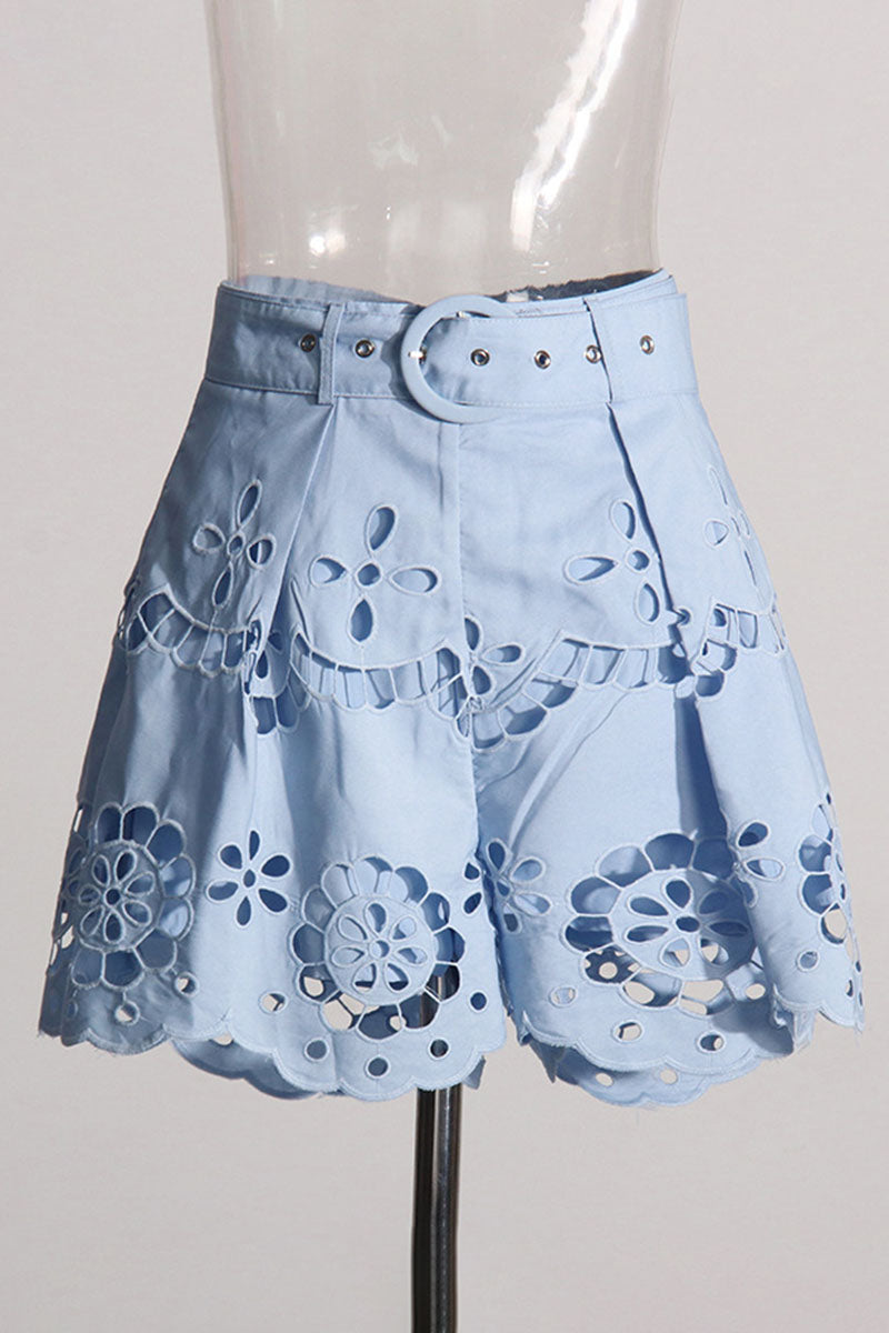 Floral Eyelet Blouse with High-Waisted Shorts