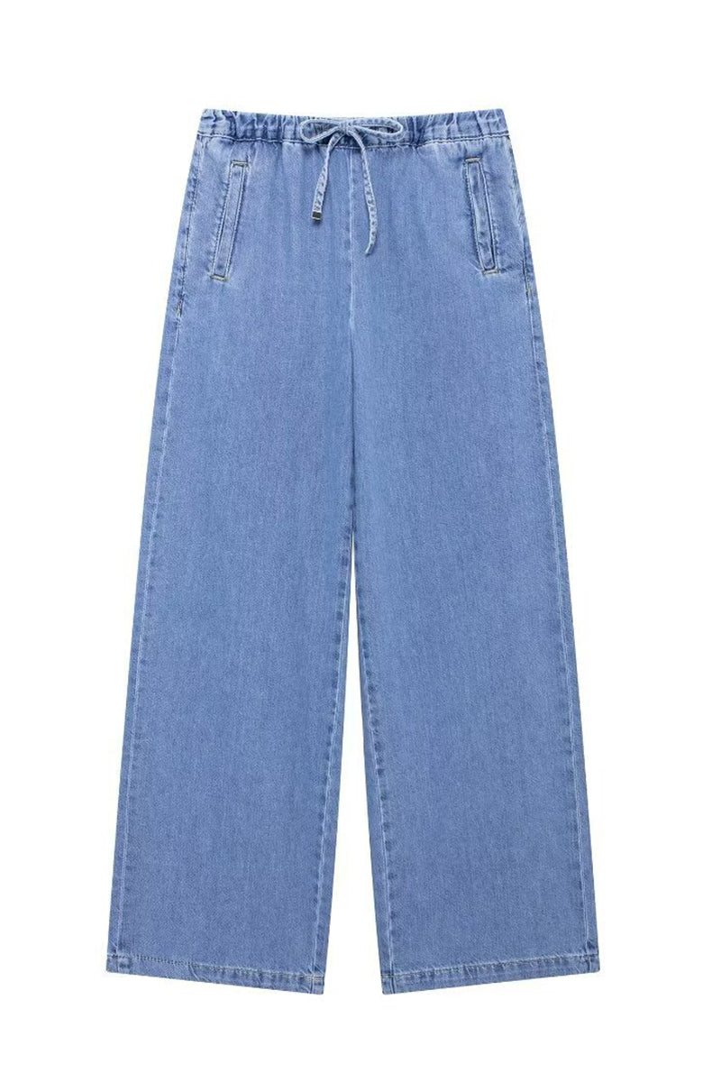 Drawstring Wide-Leg Denim Pants