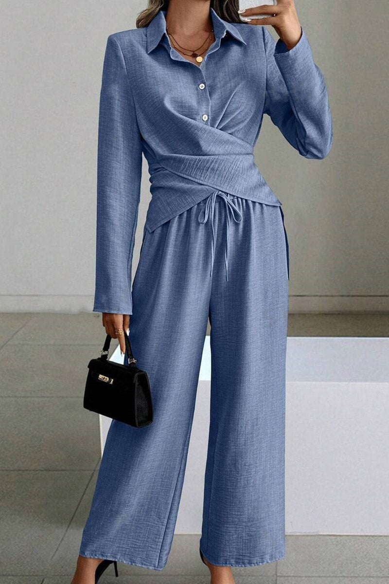 Collared Wrap-Effect Blouse and Pants Set