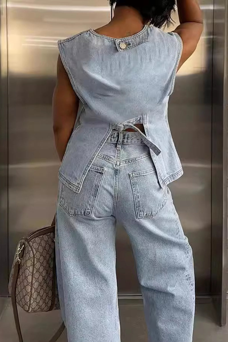 Sleeveless Denim Vest and Pants Set