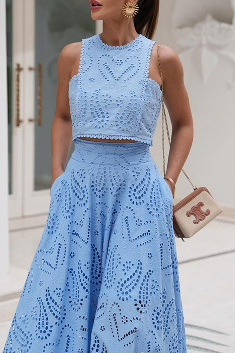 Lace Eyelet Crop Top and Maxi Skirt Set