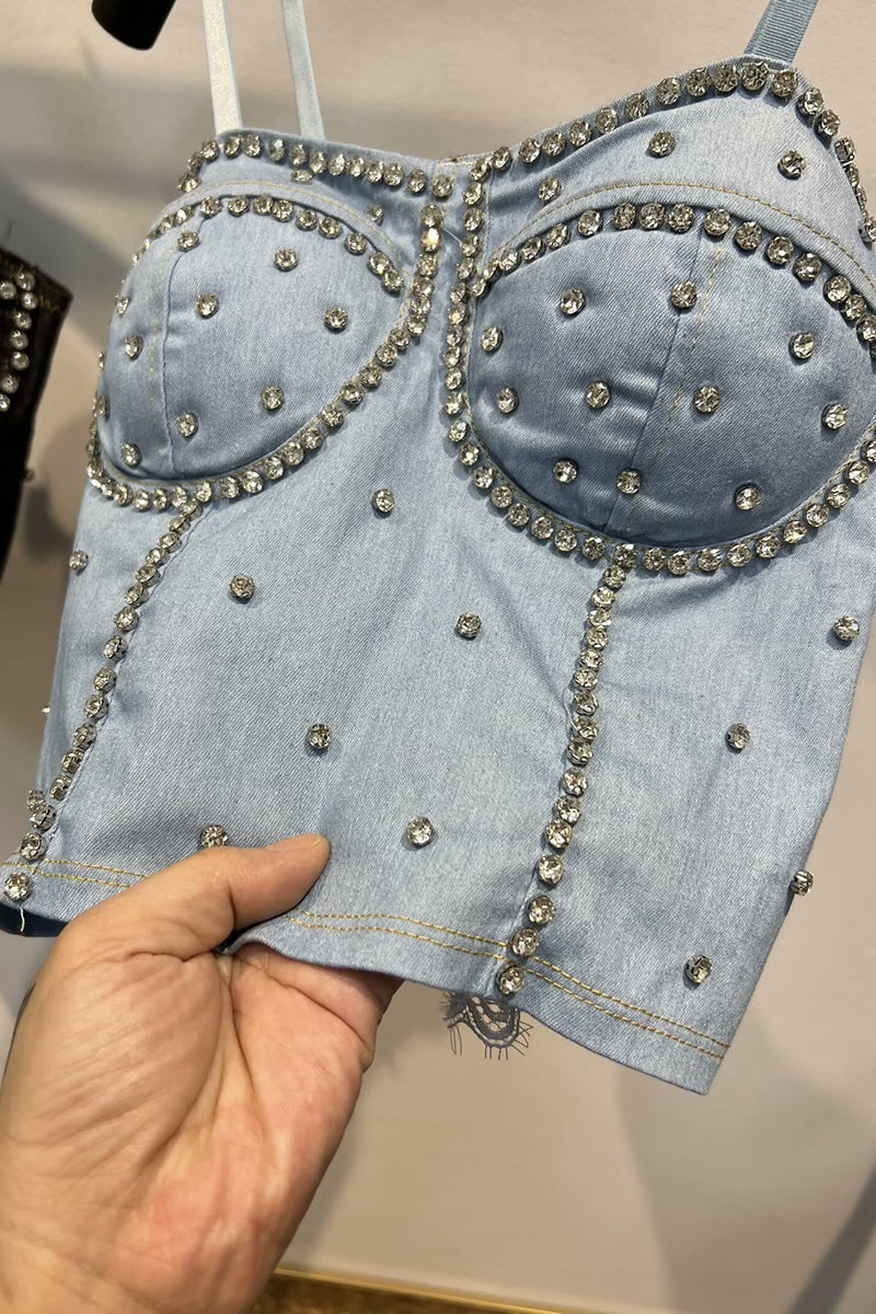 Studded Denim Corset Bustier