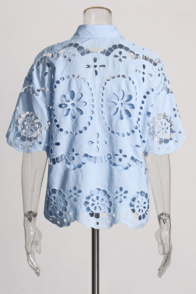 Floral Eyelet Blouse with High-Waisted Shorts