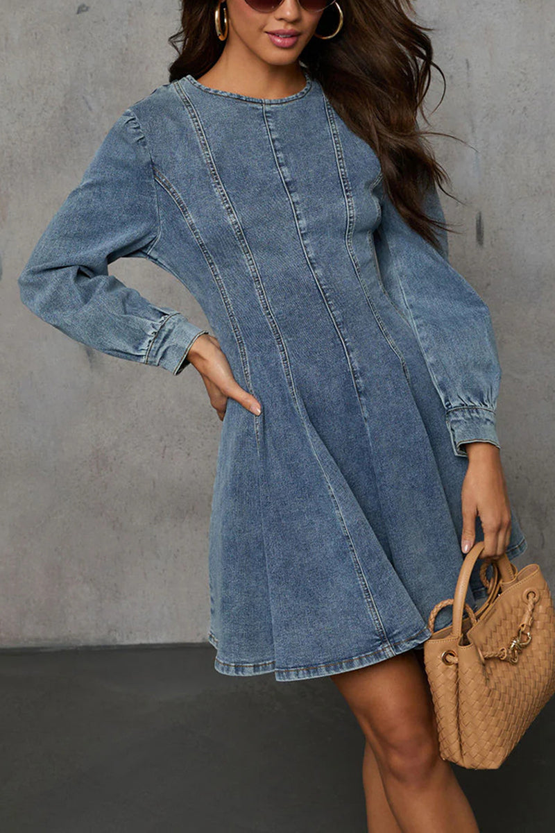 Fitted Denim Mini Dress with Puff Sleeves