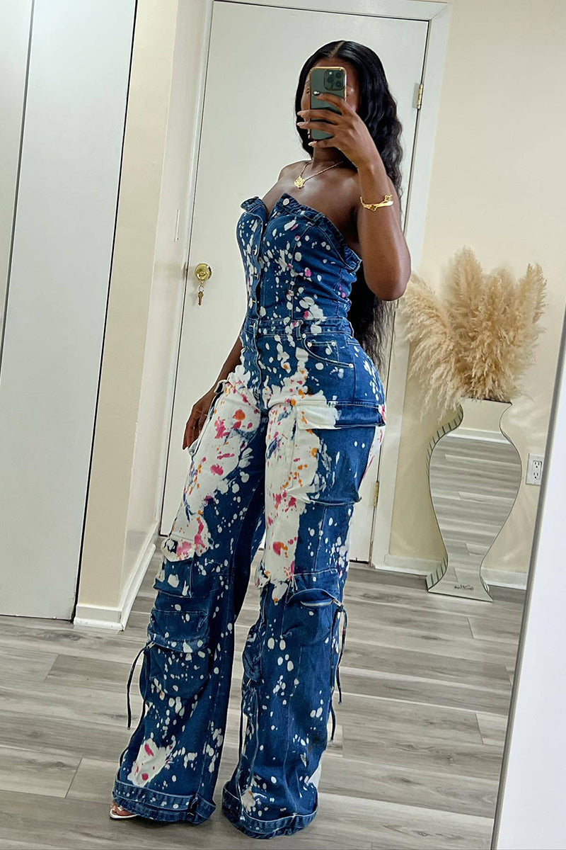 Splatter Painted Denim Jumpsuit