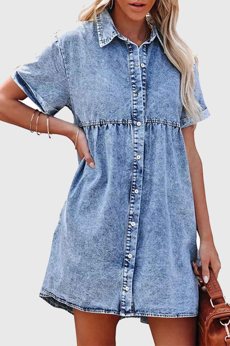 Short-Sleeve Denim Button-Up Dress