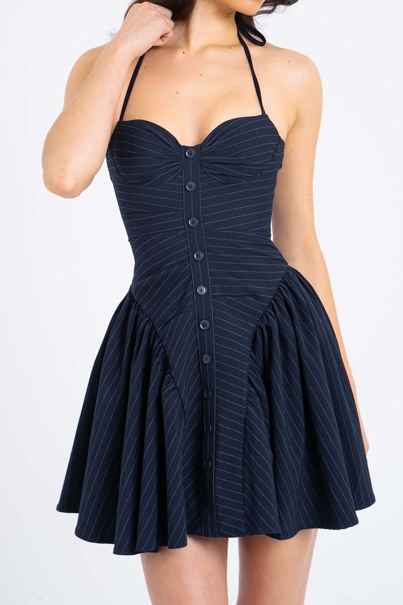 Halter-Neck Button-Up Pinstripe Mini Dress