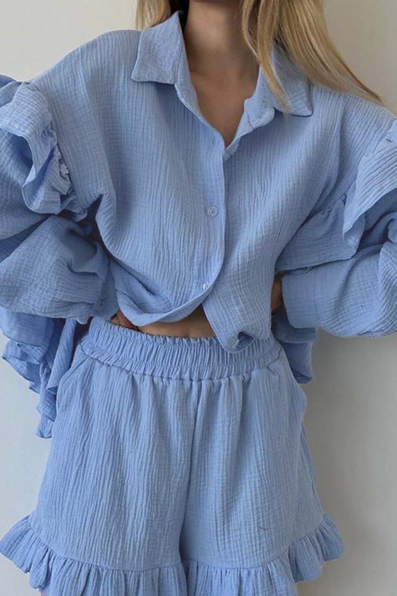 Ruffle-Trim Button-Up Set