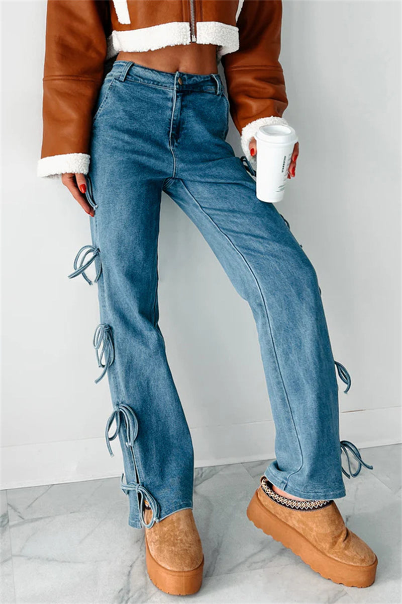 Bow-Tie Slit Side Denim Pants