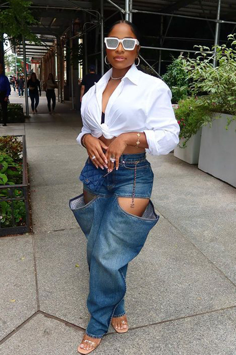 Open-Side Statement Wide-Leg Denim Pants