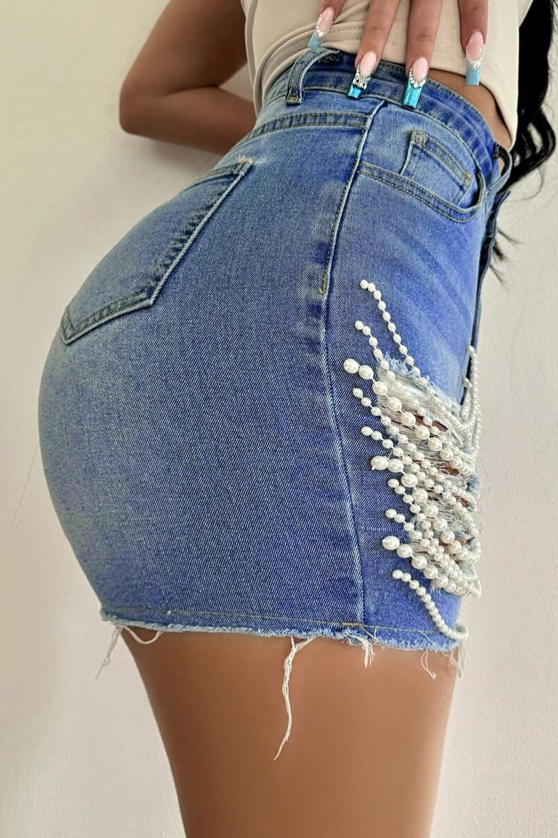 Pearl-Embellished Denim Shorts