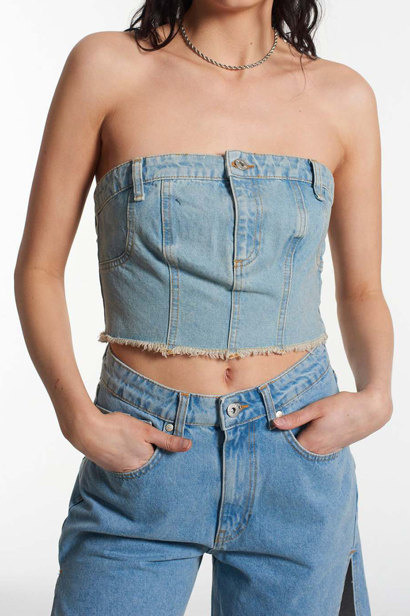 Frayed Hem Strapless Denim Top