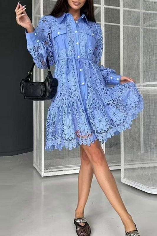 Collared Long-Sleeve Button-Up Lace Dress