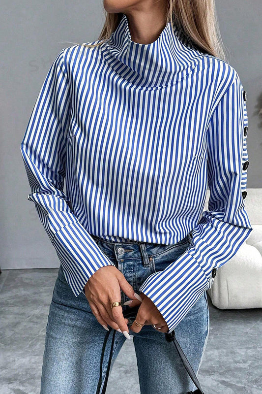 Striped Turtleneck Buttoned Blouse