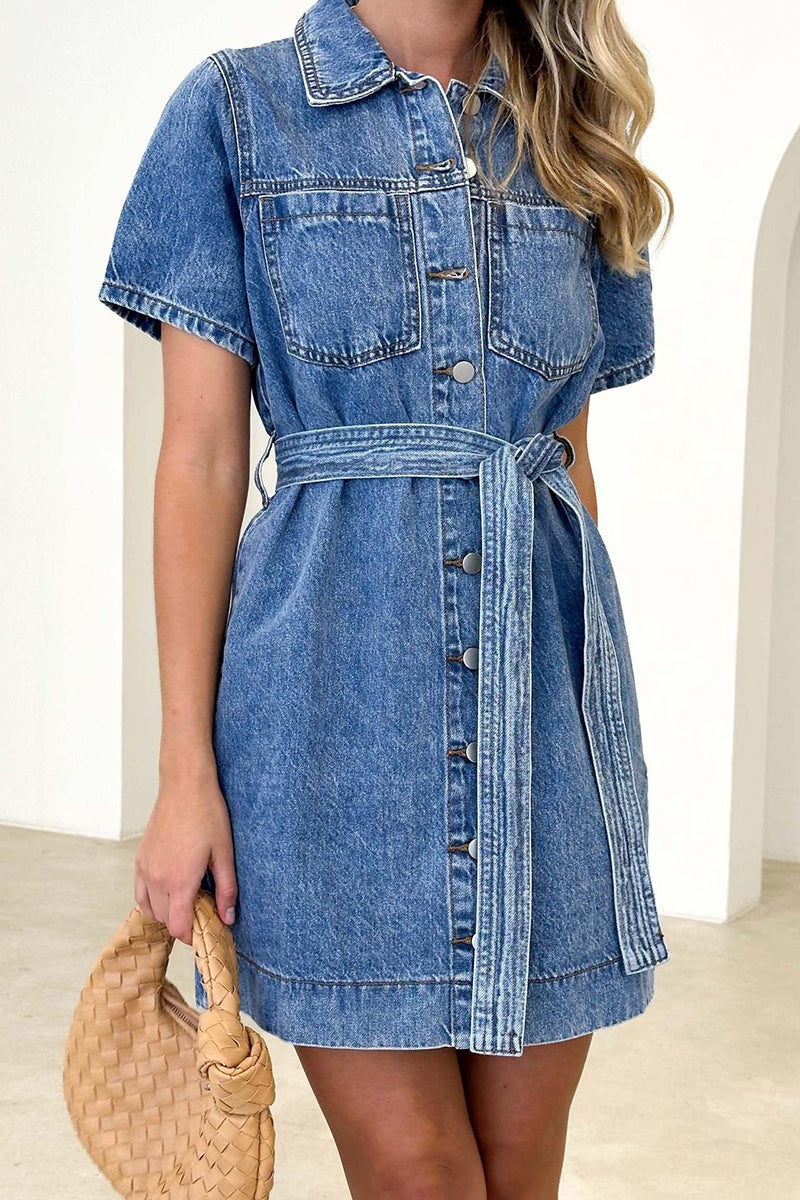 Short Sleeve Belted Denim Dress