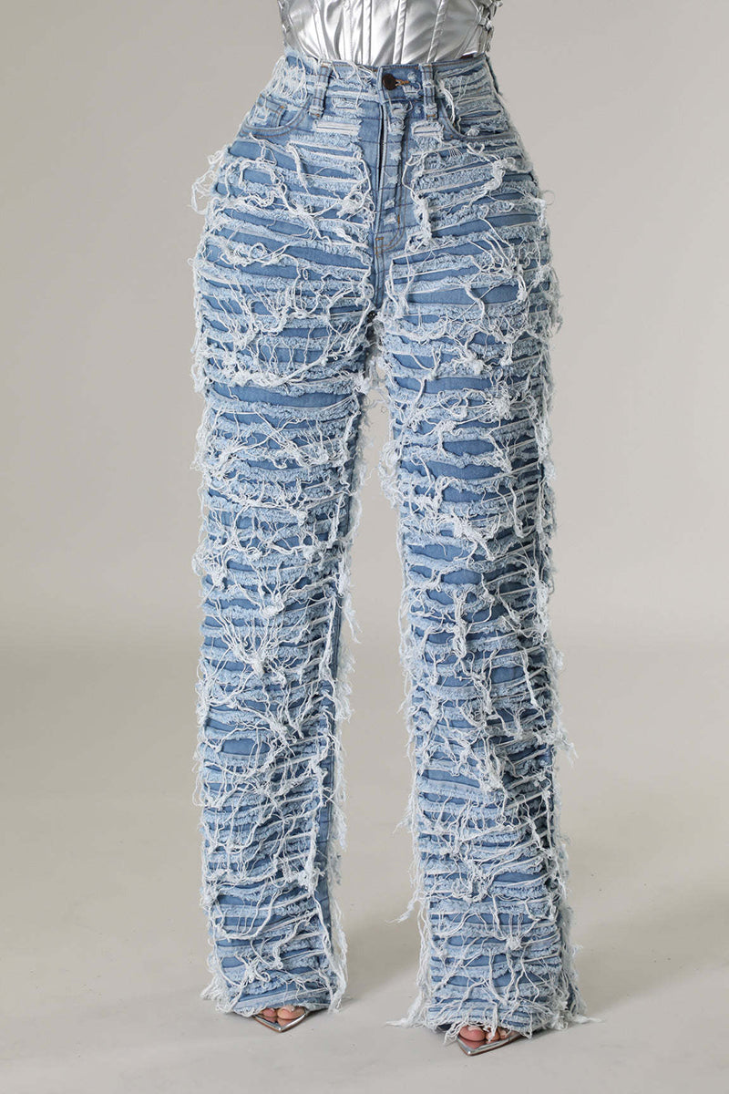 Ripped Fringed Denim Pants