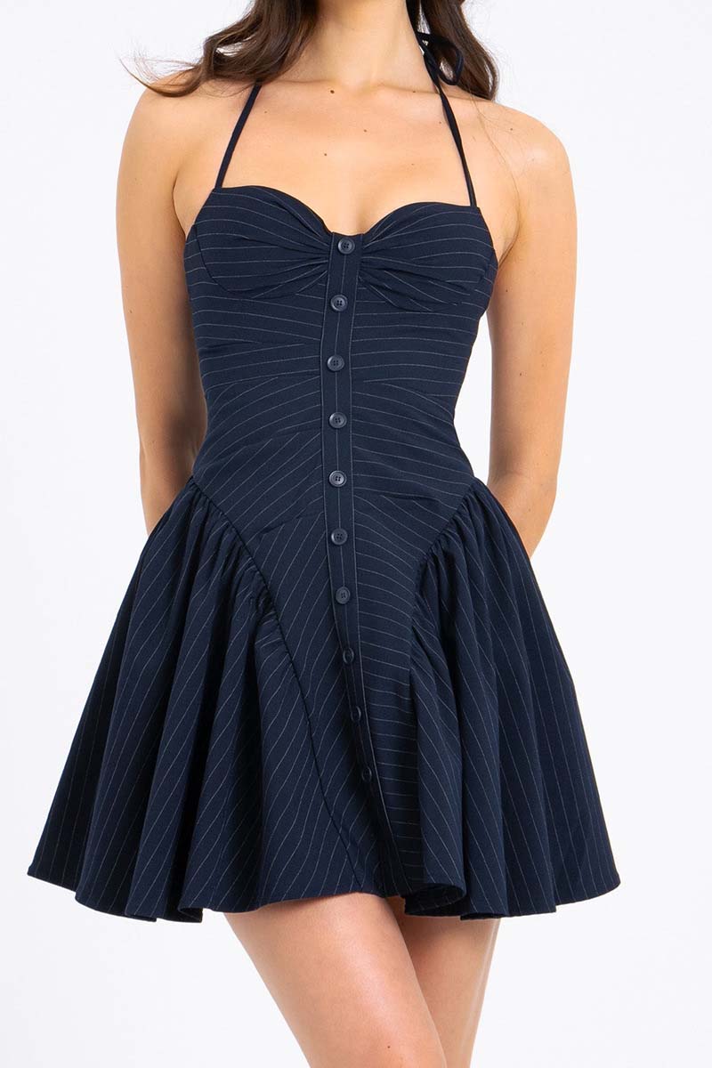 Halter-Neck Button-Up Pinstripe Mini Dress